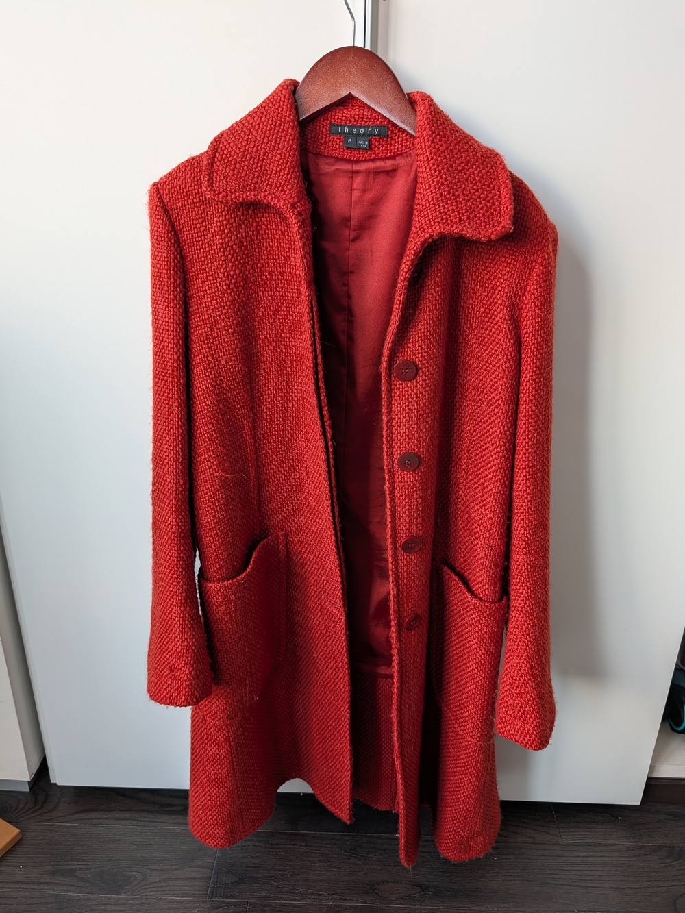 Theory Red Textured Wool Blend Pea Coat